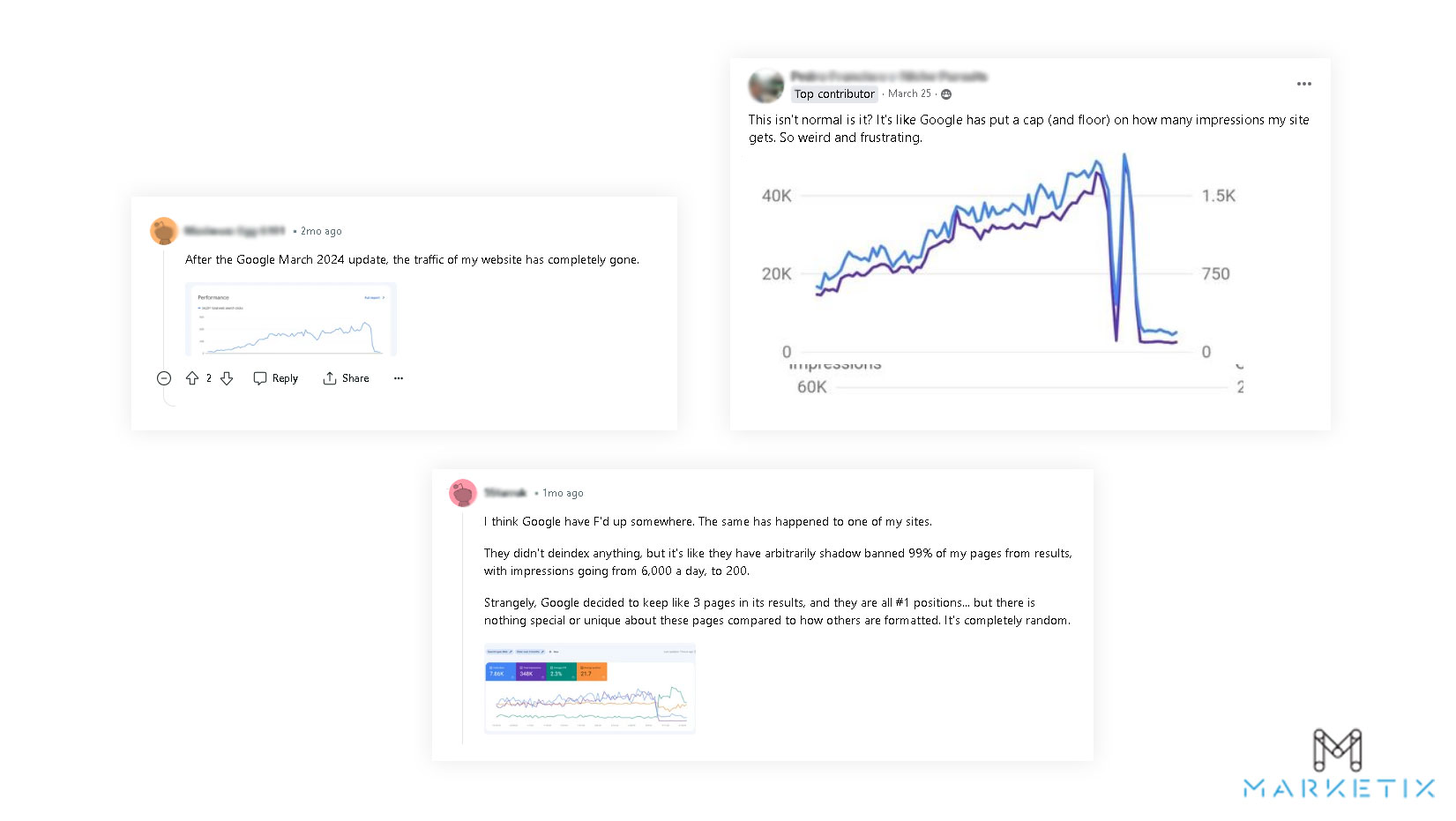 Redditors and Facebook group members sharing their website's traffic drop after the recent Google Algorithm update in March